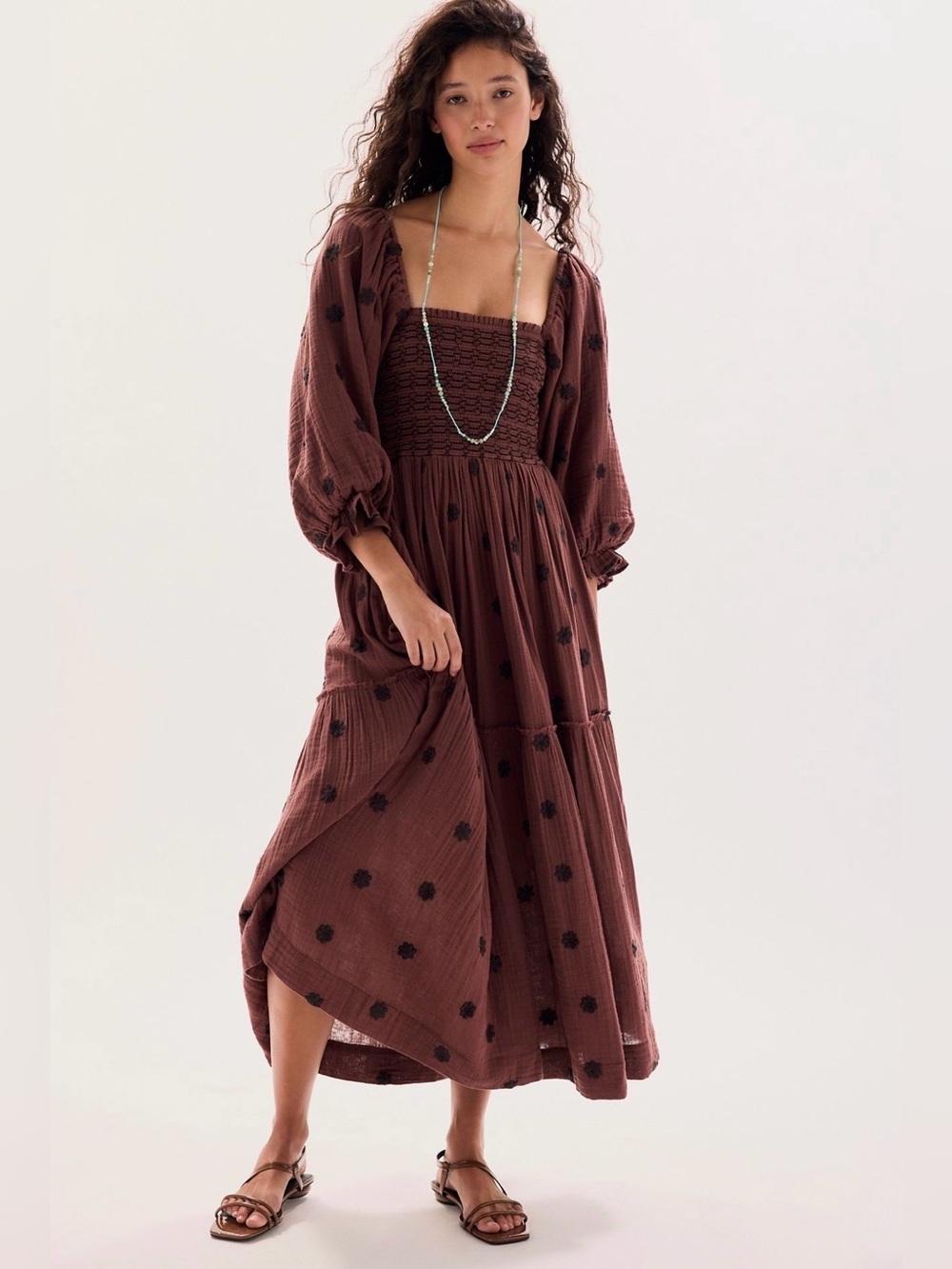 Free People Dahlia Embroidered Tiered Maxi Dress Brown Burgundy Road Size XS EUC